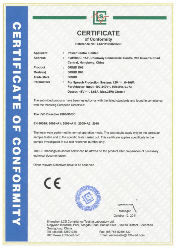 DRUID D-06 Certificate of conformity 2006/95/EC