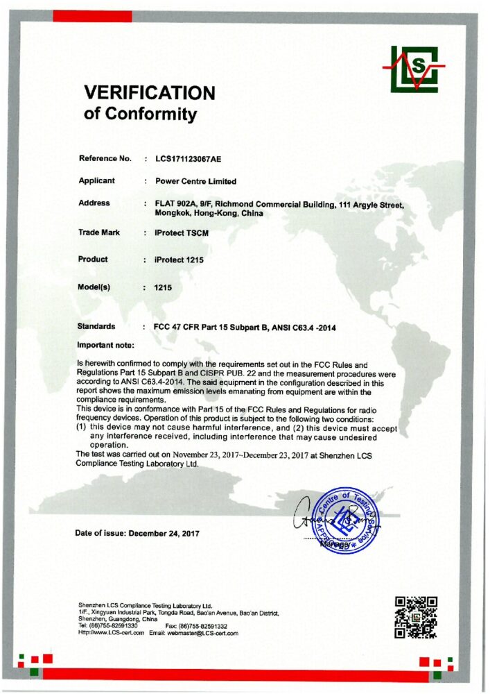 iPROTECT 1215 Сертифікат FCC
