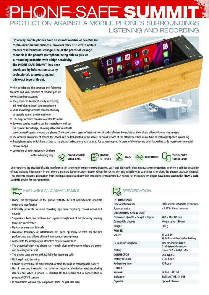 PHONE SAFE SUMMIT Інструкція, Специфікація
