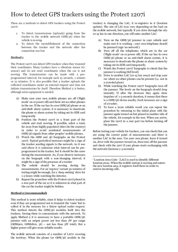 Detection of GPS trackers using the Protect 1207i